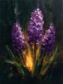 Hyacint aan de bosrand in violet, schilderij van hyacint tegen de lucht