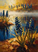 Hyacint aan de oever in blauwgeel, schilderij van hyacint aan de oever