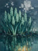Hyacint aan de oever in zeegroen, schilderij van hyacint aan de oever