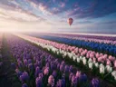 Landschapsfoto van hyacint bij de ochtendmist, met een luchtballon boven de horizon