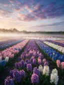 Landschapsfoto van hyacint bij de ochtendmist, met flamingo's in een ondiepe plas