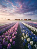 Landschapsfoto van hyacint bij de ochtendmist, met een kudde Schotse Hooglanders