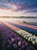 Landschapsfoto van hyacint bij de ochtendmist, met een ooi met haar lammetje