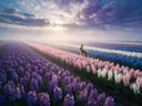 Landschapsfoto van hyacint bij de ochtendmist, met een konijn