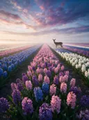 Landschapsfoto van hyacint bij de ochtendmist, met een hert
