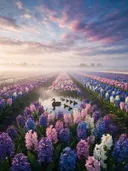 Landschapsfoto van hyacint bij de ochtendmist, met een eend met haar kuikens
