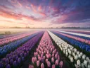 Landschapsfoto van hyacint bij de ochtendmist, met een bankje aan de rand