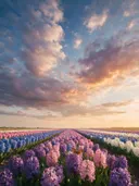 Landschapsfoto van hyacint bij het gouden uur, met een vlinder op de bloemen