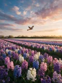 Landschapsfoto van hyacint bij het gouden uur, met een torenvalk