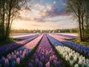 Landschapsfoto van hyacint bij het gouden uur, met witte duiven die opvliegen
