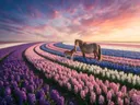 Landschapsfoto van hyacint bij het gouden uur, met een merrie met haar veulen