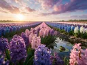 Landschapsfoto van hyacint bij het gouden uur, met een kikker op een blad