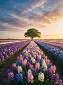 Landschapsfoto van hyacint bij het gouden uur, met een statige eik