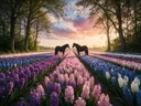 Landschapsfoto van hyacint bij het gouden uur, met twee paarden die elkaar aankijken