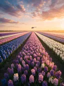 Landschapsfoto van hyacint bij het gouden uur, met een helikopter boven de horizon