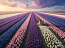 Landschapsfoto van hyacint bij het gouden uur, met een oude waterput