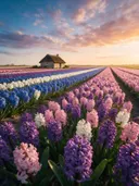 Landschapsfoto van hyacint bij het gouden uur, met een rieten boerderijwoning tussen de rijen
