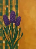 Schilderij van hyacint in amber en flessengroen, in vlakke kleurvlakken