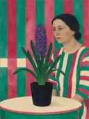 Schilderij van hyacint in framboos en jade, in vlakke kleurvlakken