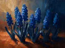 Hyacint in groepjes in diepblauw, schilderij van hyacint aan de bosrand