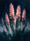 Hyacint in groepjes in groenroze, schilderij van hyacint aan de bosrand