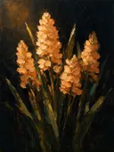 Hyacint in groepjes in perzik, schilderij van hyacint tegen de lucht