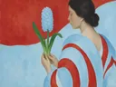 Schilderij van hyacint in hemelblauw en klaproosrood, in vlakke kleurvlakken