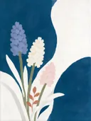 Schilderij van hyacint in kalkwit en zeeblauw, in vlakke kleurvlakken