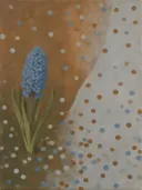 Schilderij van hyacint in kaneel en duifgrijs, in vlakke kleurvlakken