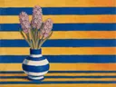 Schilderij van hyacint in kobalt en saffraan, in vlakke kleurvlakken