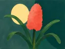Schilderij van hyacint in koraalrood en zeegroen, in vlakke kleurvlakken