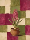 Schilderij van hyacint in magenta en olijfgroen, in vlakke kleurvlakken