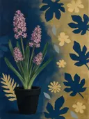 Schilderij van hyacint in nachtblauw en goud, in vlakke kleurvlakken