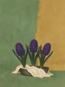 Schilderij van hyacint in salie en oker, in vlakke kleurvlakken