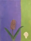 Schilderij van hyacint in violet en limoen, in vlakke kleurvlakken