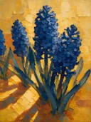 Hyacint van dichtbij in blauwgeel, schilderij van hyacint aan de oever