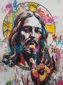 Pop-art schilderij van een religieus icoon in graffiti-stijl