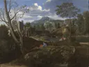 Ideal landscape van Nicolas Poussin: landschap met bomen, weg, figuren en bergen, in gedempt groen en grijs