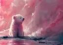 Schilderij van een kleine ijsbeer die op ijs zit tegen een roze mistige achtergrond