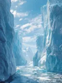Schilderij van een blauwe gletsjerkloof met sneeuwval en bergtop
