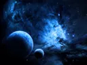 Blauwe planeet en maan in nevel