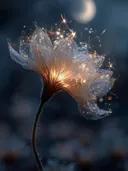 Schilderij van een glinsterende ijsbloem met dauwdruppels onder een wassende maan