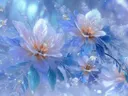 Schilderij van doorschijnende ijsbloemen in blauwe mist met vlinders