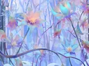 Schilderij van pastelblauwe sterbloemen in een besneeuwd winterbos