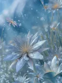 Schilderij van doorschijnende ijsbloemen met libellenfeeën in de sneeuw