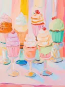 Schilderij van een rij ijscoupes met zacht ijs in verschillende pastelkleuren.
