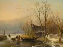 IJsgezicht met houtsprokkelaars van Andreas Schelfhout: landschap met winter, ijs, boot en bomen, in warm okergeel met grijs