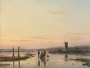 IJsgezicht met molen van Andreas Schelfhout: landschap met winter, ijs, molen en schaatsers, in warm roze en grijs