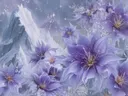 Schilderij van paarse ijskristalbloemen voor besneeuwde bergen