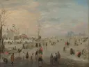 IJsvermaak van Hendrick Avercamp: landschap met schaatsers, ijs, winter en tent, in gedempt oker en grijs